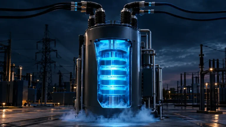 Superconducting Fault Current Limiter (SFCL) installed inside a modern high-voltage utility substation.