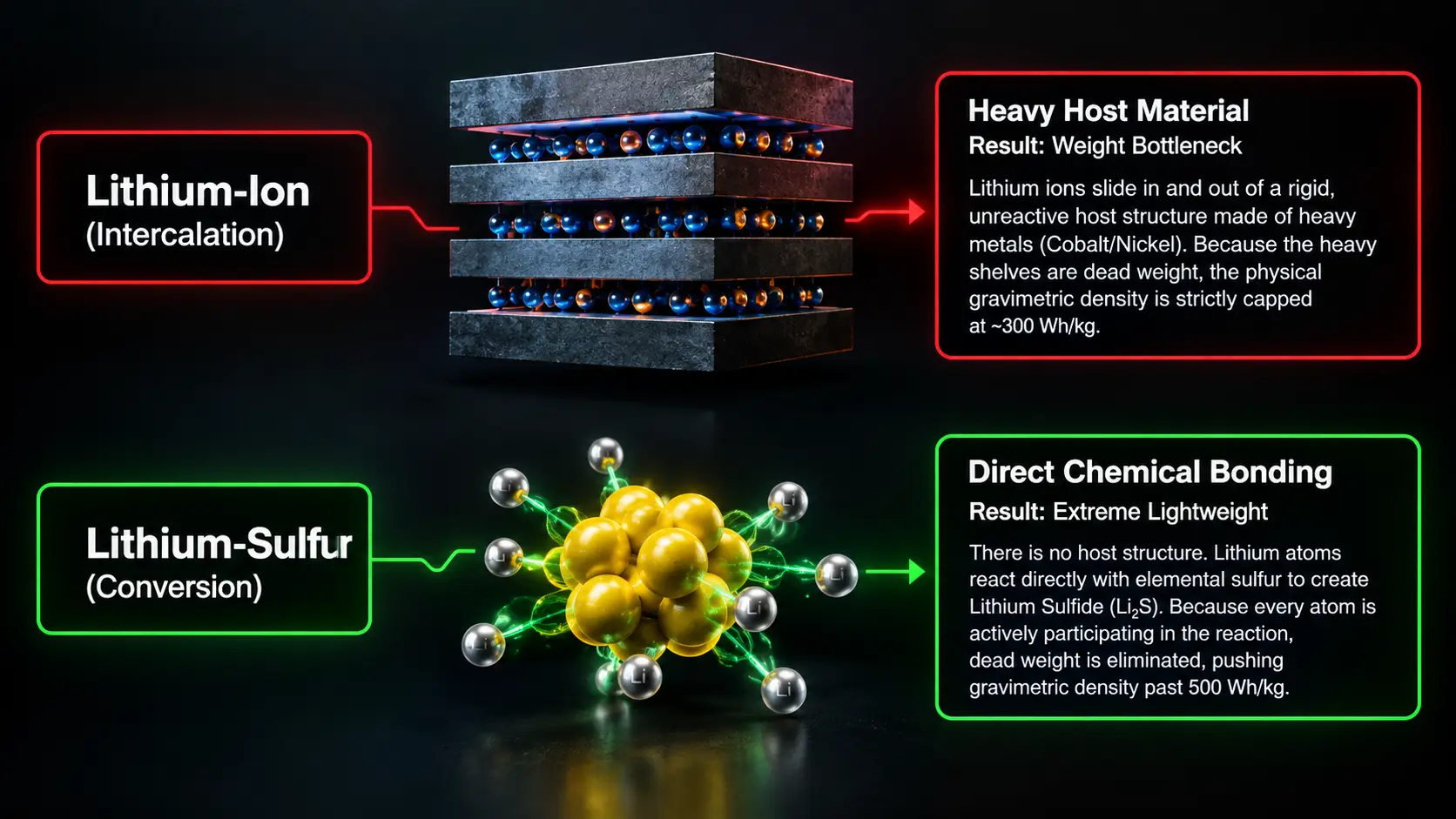 Technical comparison table comparing gravimetric density and cathode materials between Lithium-Ion NMC, Solid-State, and Lithium-Sulfur (Li-S) batteries.