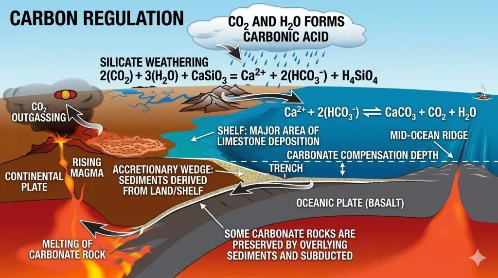 The Biogeochemical Cycle: ERW accelerates the natural Earth system where atmospheric CO2 reacts with silicate rocks to form stable bicarbonate, eventually settling on the ocean floor..