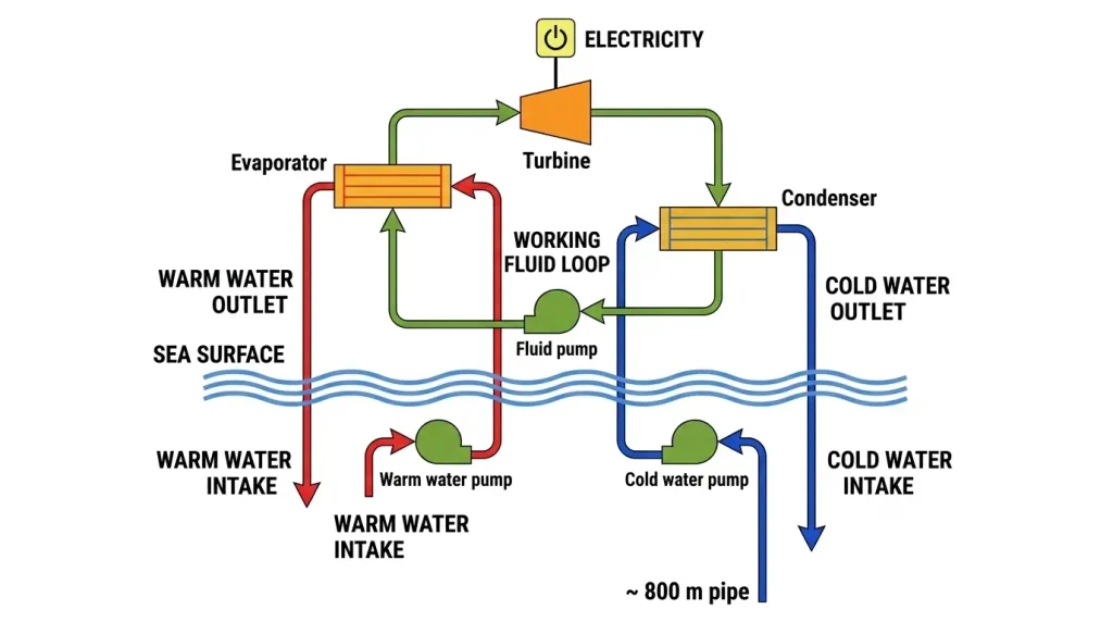 The Closed-Cycle OTEC Architecture A low-boiling-point working fluid (ammonia) is constantly vaporized by surface heat and condensed by abyssal cold..