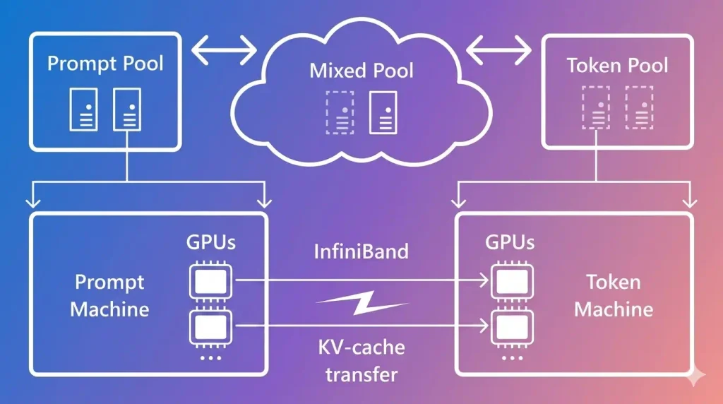 The Splitwise architecture fundamentally isolates the Prompt Machine (Prefill) from the Token Machine (Decode), relying on InfiniBand and RDMA to seamlessly stream the KV cache between the physical GPU clusters..