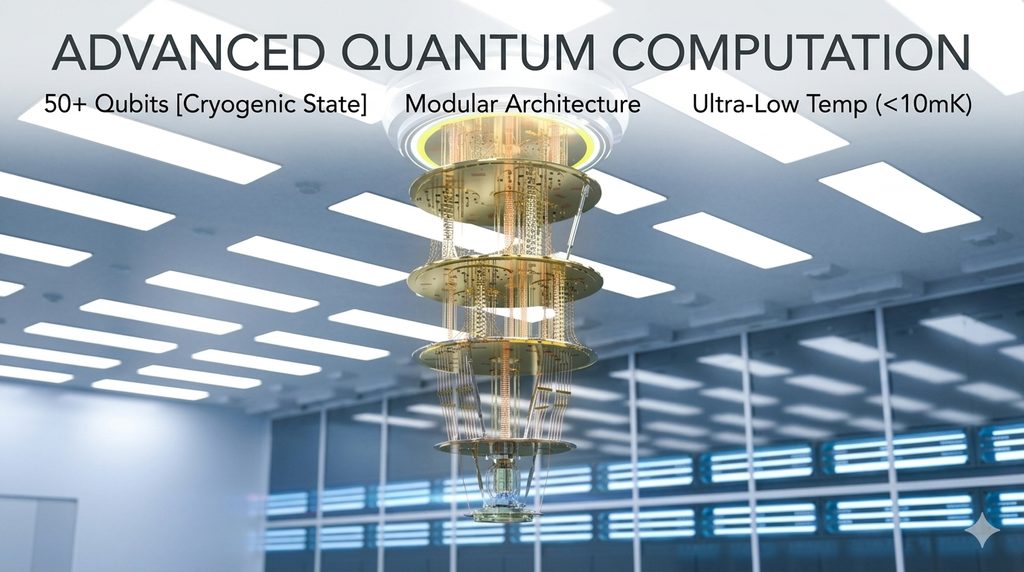 The Threat Vector: A quantum computer suspended in a cryogenic dilution refrigerator. While these machines currently lack the error-corrected logical qubits required to break RSA-2048, their exponential scaling curve has triggered the urgent global PQC migration..
