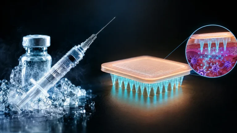 Transdermal microneedle patch replacing a traditional syringe for cold-chain-free mRNA vaccine delivery.