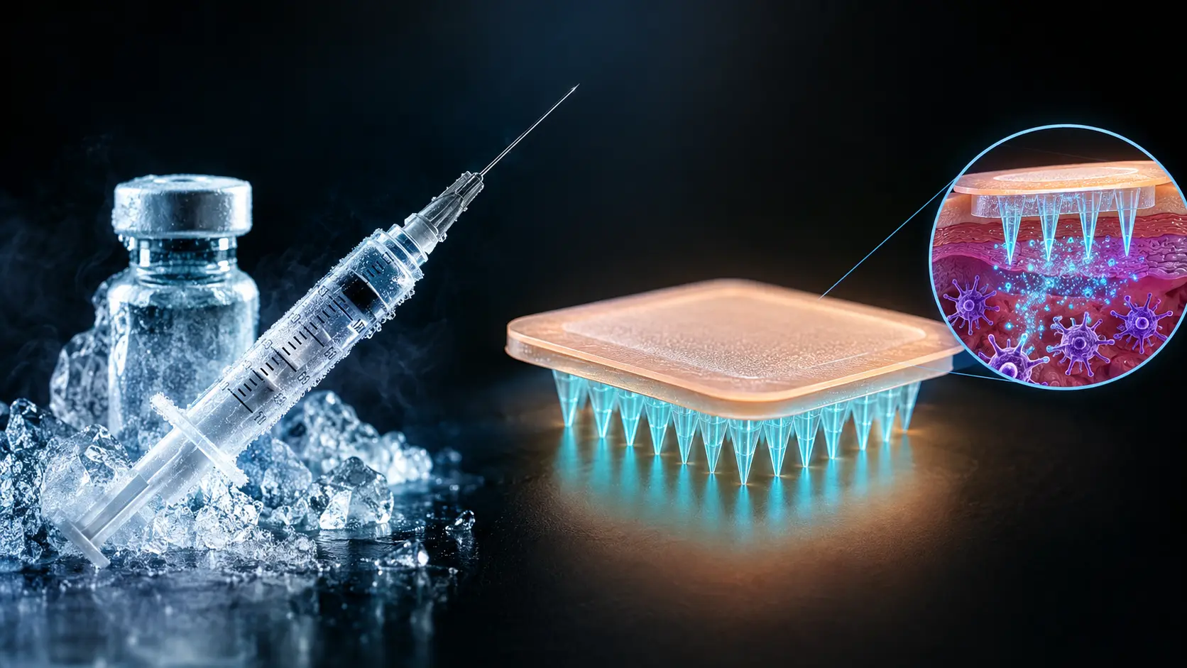 Transdermal microneedle patch replacing a traditional syringe for cold-chain-free mRNA vaccine delivery.