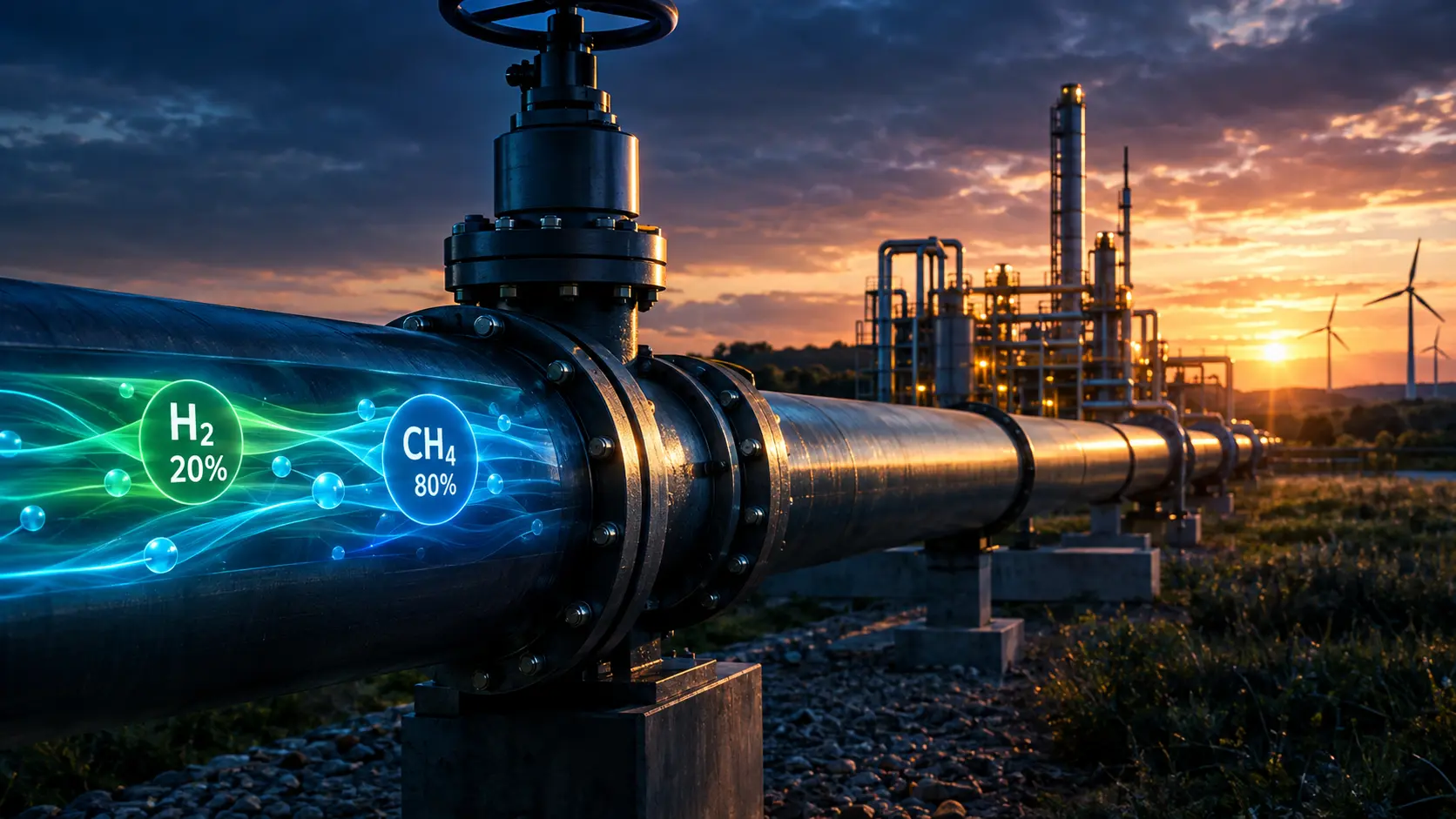 Underground steel natural gas pipeline carrying Hydrogen-Enriched Natural Gas (HENG) beneath a city.